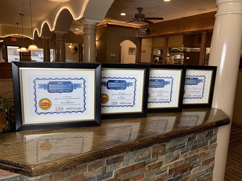 Awards won at Alfano's. Best Italian food and Pizza in Rochelle.