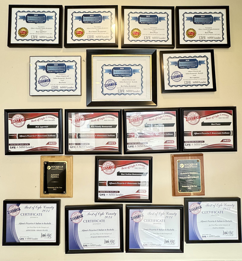 Awards won at Alfano's. Best Italian food and Pizza in Rochelle.